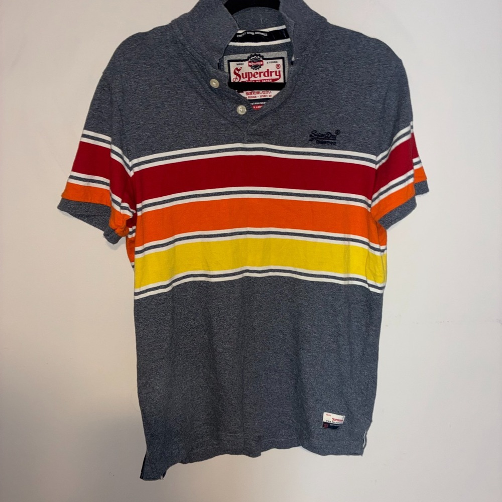 Superdry Chest Band Grindle Polo Shirt Mens XL Gray Red Orange Stripe